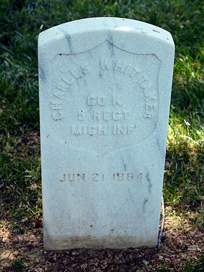 Charles Whittaker, 5th MI Infantry, Co. K grave. Image ©2015 Look Around You Ventures.